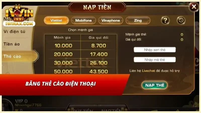 Anh em có thể cấp vốn cho tài khoản của mình bằng thẻ cào điện thoại cực kỳ tiện